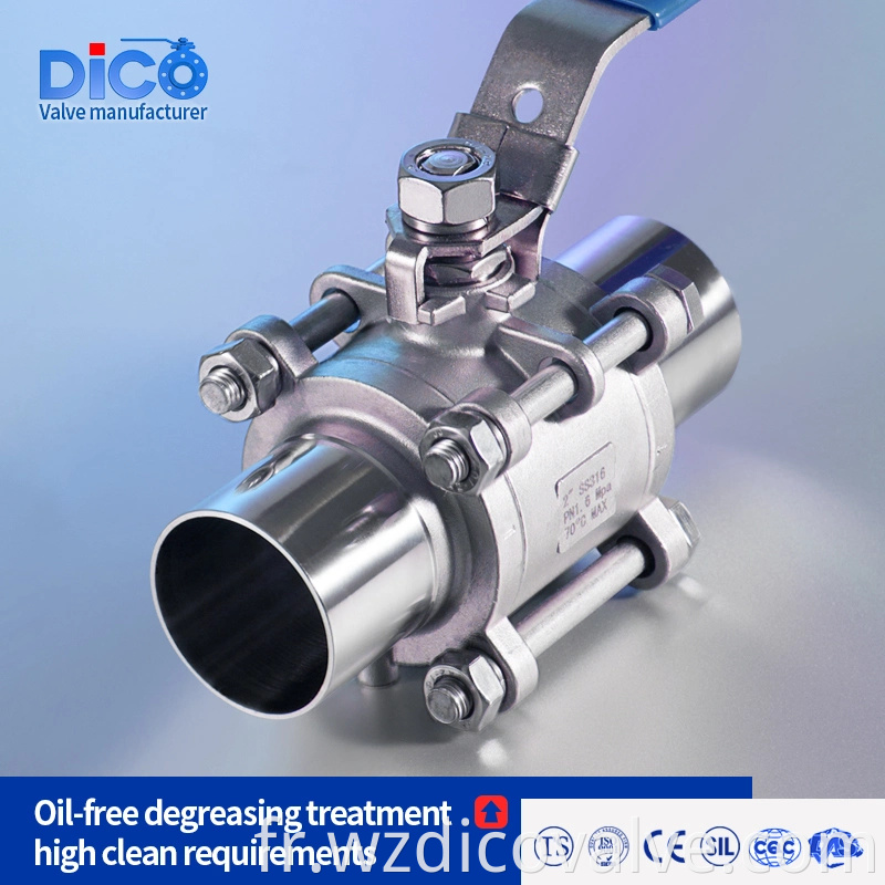 DICO Full Bore 1000wog Grade Sanitary Type CF8 Butt Weld End 3pc Valve à billes flottantes